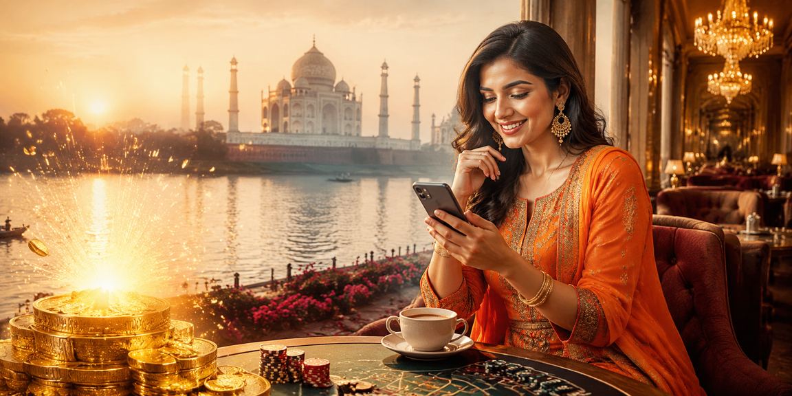 Modern Indian player registering on mobile with Taj Mahal backdrop