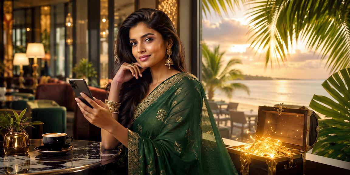Indian woman playing Teen Patti on mobile device, lively atmosphere
